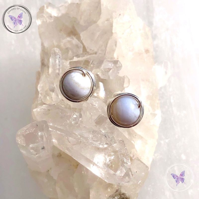 Blue Lace Agate Silver Wire Wrap Stud Earrings